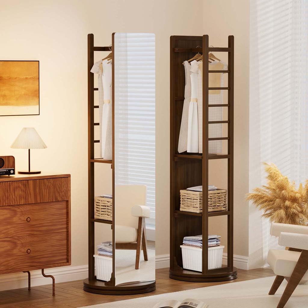 Miroir sur pied en bois pivotant avec étagère de rangement intégrée