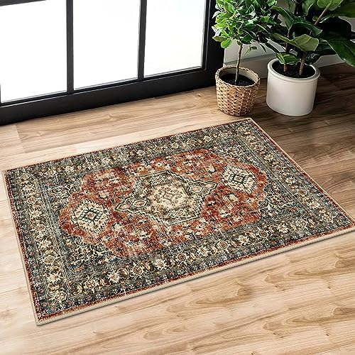 Lahome Oriental Washable Small Area Rug, 2x3 Rugs for Entryway Kitchen, Ultra-Thin Soft Indoor Door Mat Non Slip Throw Carpet for Bedroom Bathroom, Brick Red