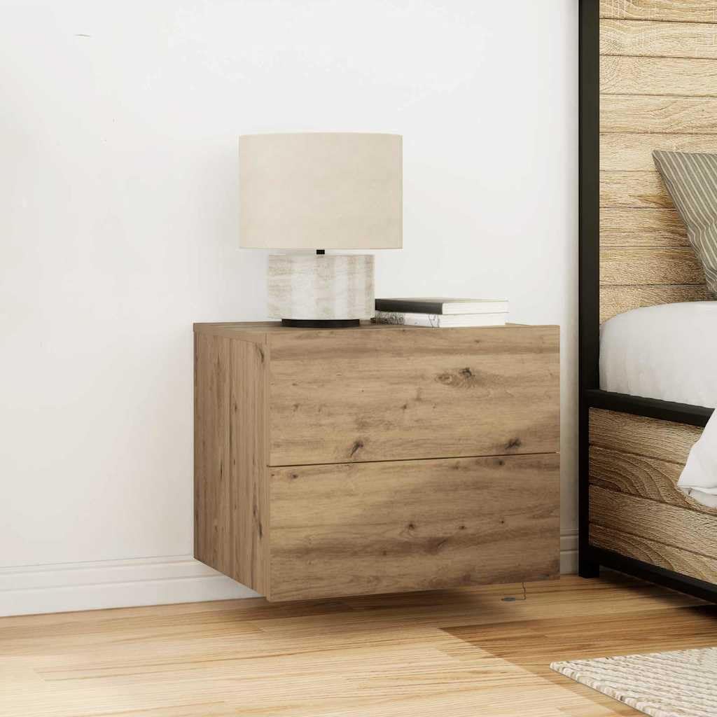 Comodino in rovere Artisan, 2 pezzi, 50 x 39 x 41 cm, montaggio a parete con striscia LED, alimentato tramite USB, 2 cassetti, vano portaoggetti per camera da letto, scaffale