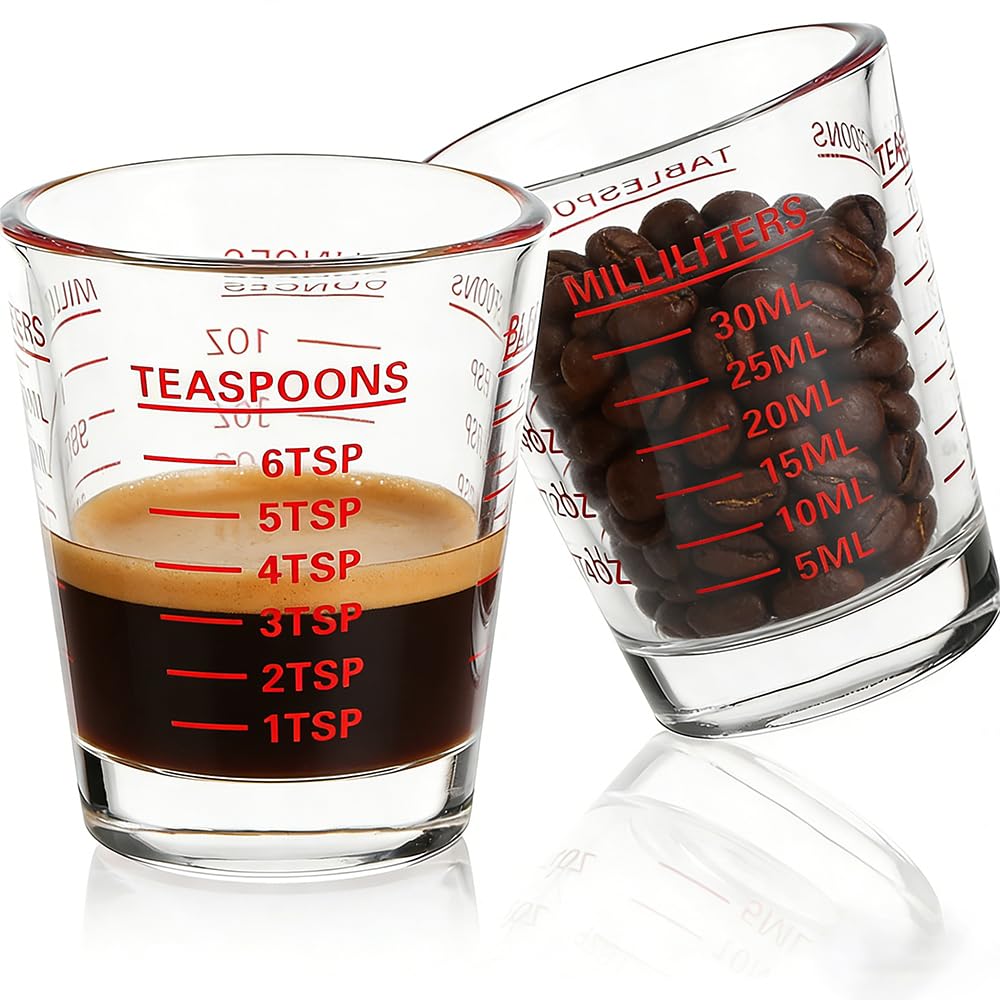 Vasos de chupito medidores, paquete de 2 vasos de chupito para expreso, vidrio pesado líquido, 26 mediciones incrementales, 28.3 g, 2 cucharadas, 6 cucharaditas, 30 ml, herramientas de cocina (rojo)