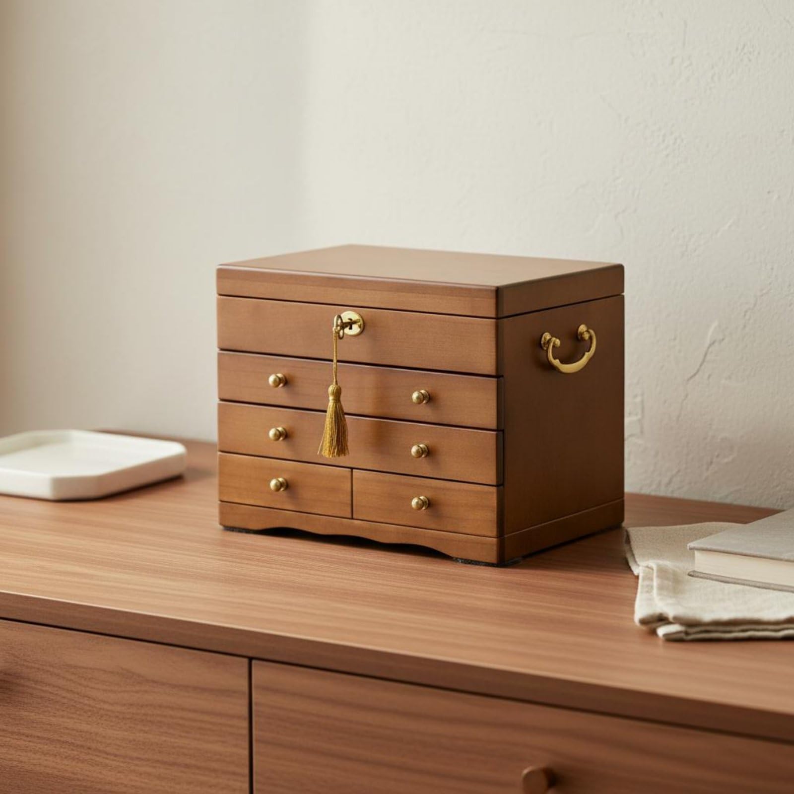 Porta Gioie Scatola Portaoggetti Cofanetto Cassettiera con Serratura in Legno con Capacità Ampia Interno Foderato Antiossidante con Specchio Integrato, Porta Laterale+Con Serratura