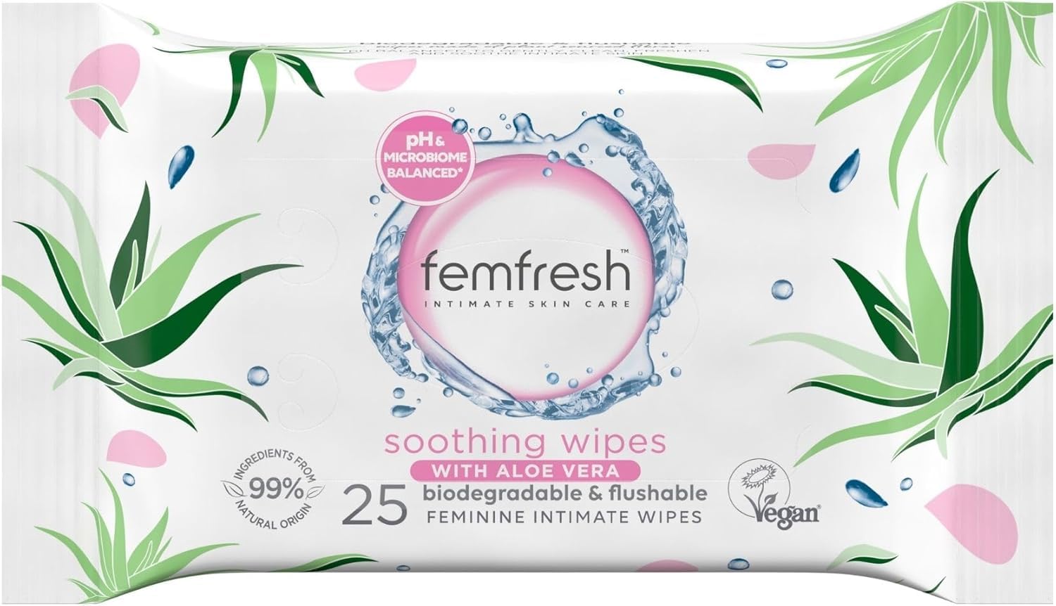 Femfresh Soothing Intimate Wipes, Flushable & Biodegradable Feminine Wipes with Aloe Vera & Calendula, pH Balanced & Hypoallergenic, 25 Count