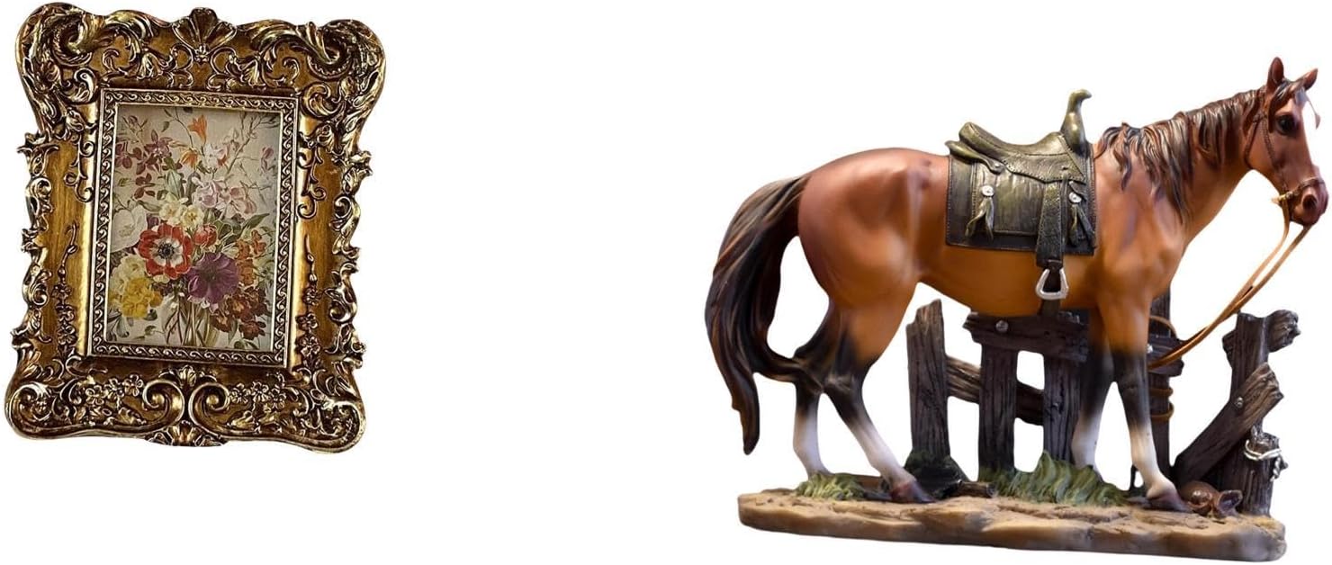Fenteer Photo Frame Vintage Table Picture Frame Ornate Wall Hanging Picture Holder Resin Material Horse Figurine Sculpture Collectible Suitable for Home Decor