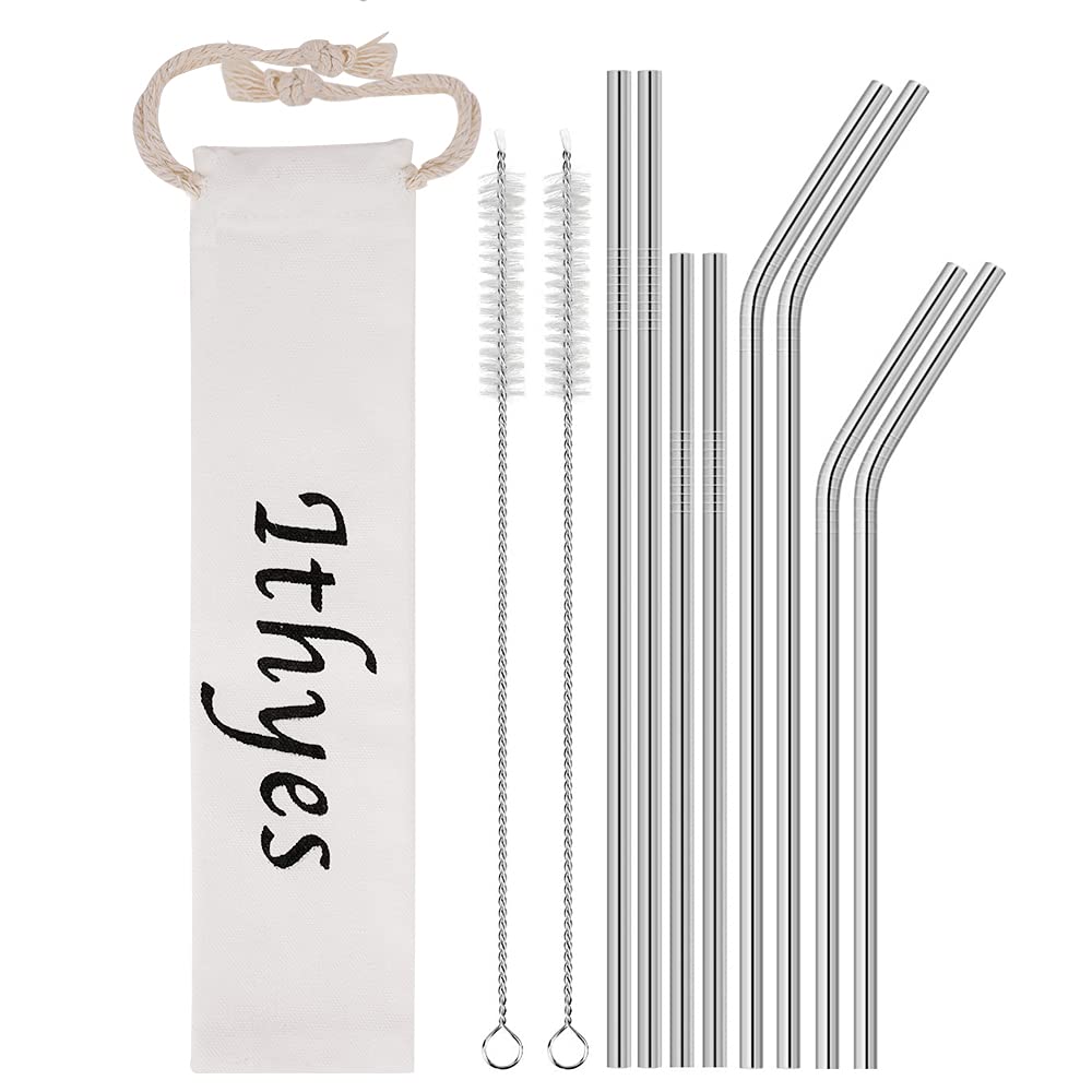 8 Pack Reusable Metal Straws Long Stainless Steel Straws Drinking Straw for 20/30 oz Tumblers with Travel Case & 2 Cleaning Brushes,10.5"/8.5"(Silver)