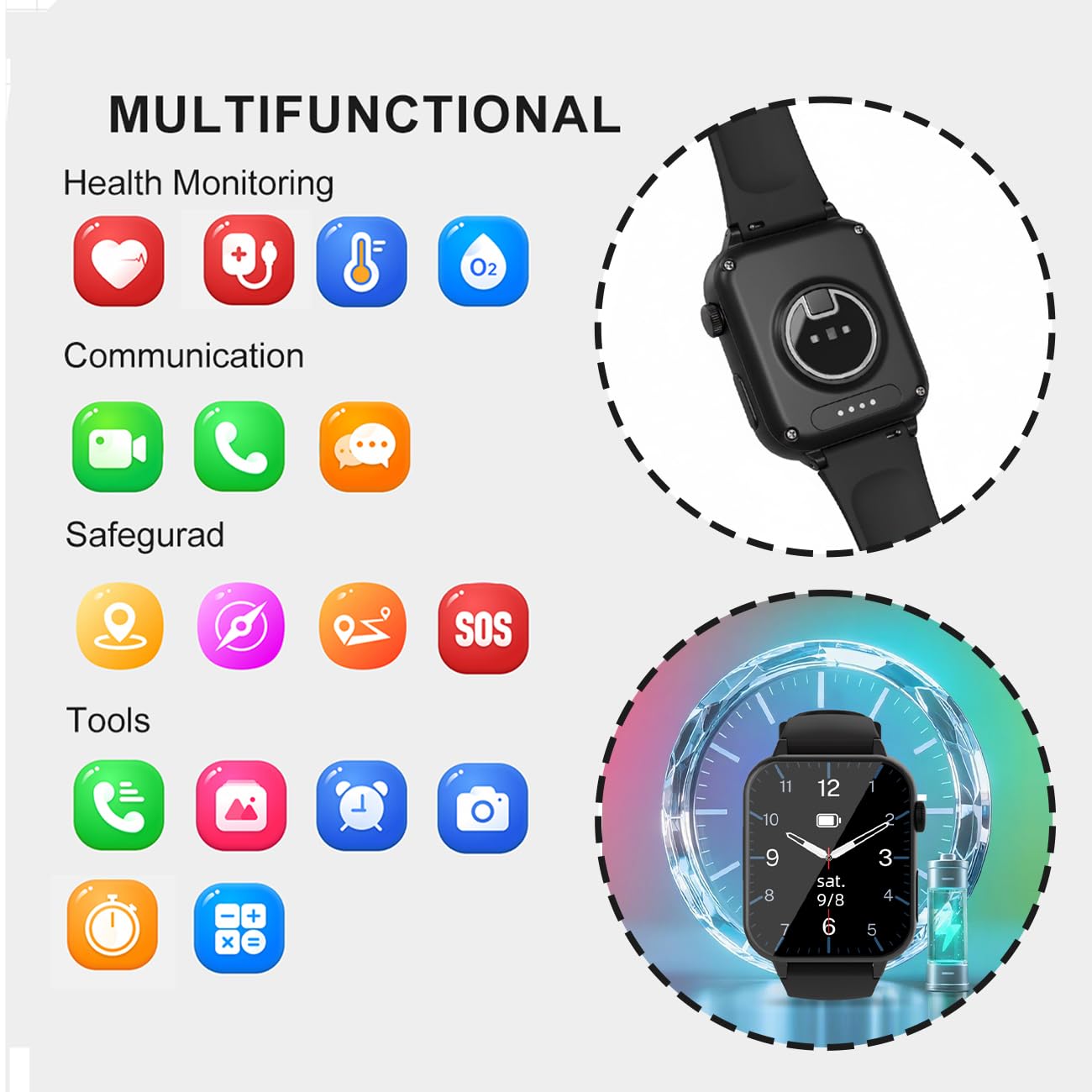Orologio Salvavita Per Anziani, Con Rilevamento Delle Cadute, Videochiamata HD E GPS SOS, Per Alzheimer, Smartwatch Da Polso Per AnzianiBlack,1.96 * 1.57 inch