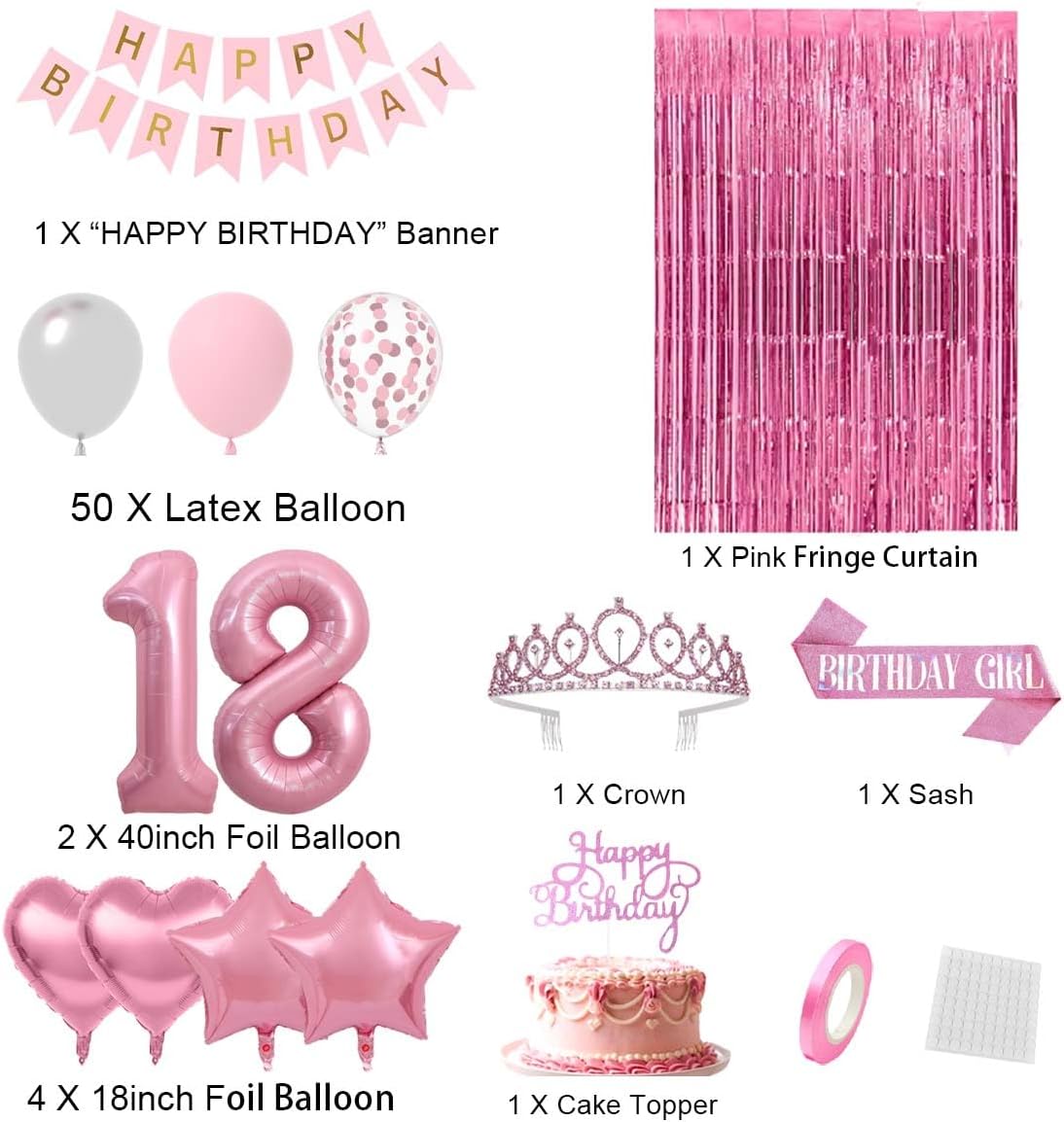 Sweet 18 Party Decorations for Girls, Pink and Silver 18th Birthday Decorations, Happy Birthday Banner Fringe Curtain Cake Topper Balloons Sash and Tiara, Pink 18 Birthday Party Supplies for Girls