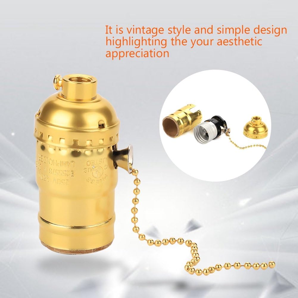 Haofy Lamp Socket, Vintage E27 Light Socket with Pull Chain, 1 Piece of Aluminum Medium Screw Base Socket for Floor Light and Table Lamp DIY Lighting(Gold)