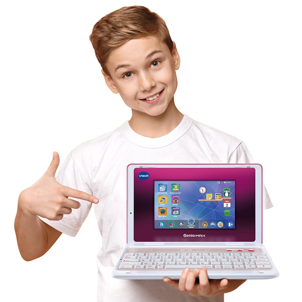 VTech - Genio Max, Mon Premier Vrai Ordi Rose Métal, Ordinateur Enfant avec Écran Couleur 7 Pouces, Souris, 60 Activités et Jeux Éducatifs, Cadeau Enfant de 5 Ans à 12 Ans - Contenu en Français