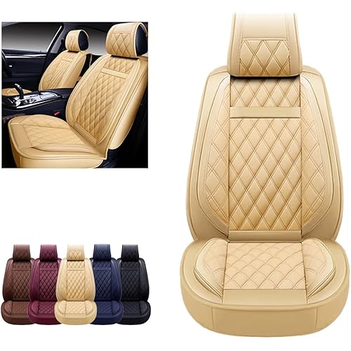 OASIS AUTO Car Seat Covers Accessories 2 Piece Front Premium Nappa Leather Cushion Protector Universal Fit for Most Cars SUV Pick-up Truck, Automotive Vehicle Auto Interior Décor (OS-009 Tan)