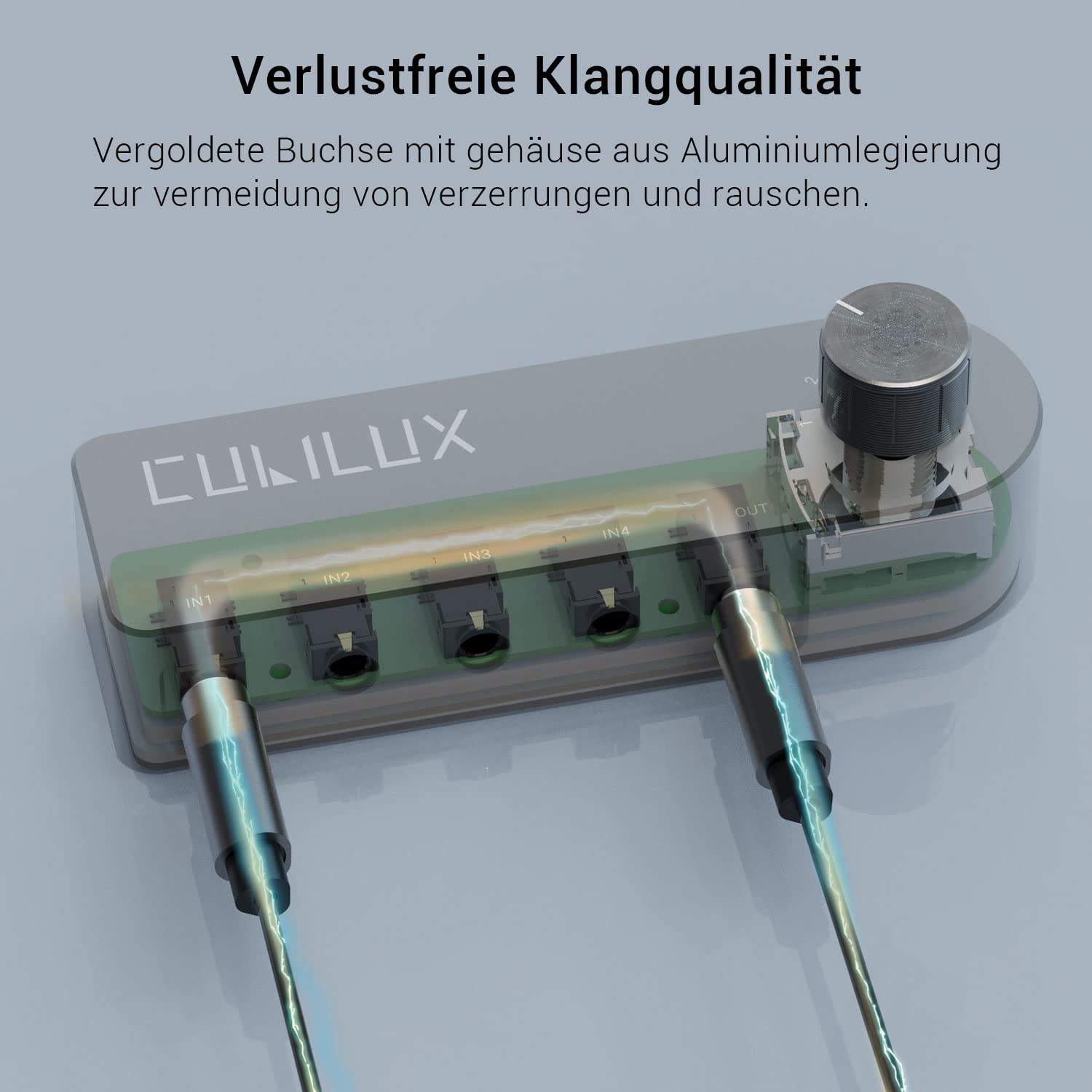 Cubilux 3,5 mm Audio Umschaltbox, bidirektional 4 Port, 1 zu 4 oder 4 zu 1, passiver 1/8 Zoll AUX Wahlschalter für Kopfhörer und Lautsprecher
