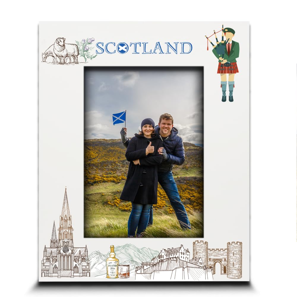 BELLA BUSTA-Scotland Theme Picture Frame-Wedding, Honeymoon, Vacation, Adventure- UV Print Irish Landmarks Symbols Design set (5x7 Vertical)