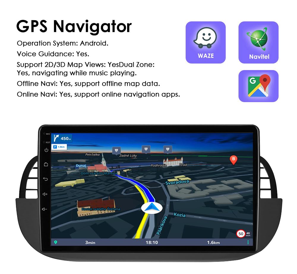 hizpo 9 pollici Touchscreen Autoradio compatibile con Fiat 500 2007-2014 con Carplay/Android Auto 4-core UPC 2+32GB DAB Adattatore autoradio WiFi 4G Mirror Link (nero-1)