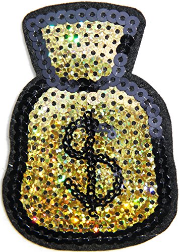 Gold Dollar Bag Sequin Shine Shiny Patch Sew Iron on Embroidered Applique Craft Handmade Baby Kid Girl Women Sexy Lady Hip Hop Cloths DIY Costume (black)