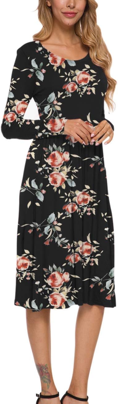 MISFAY Women's Long Sleeve Midi Dress Loose Casual Empire Waist Dresses with Pockets(Rose Black,2XL) - Image 3