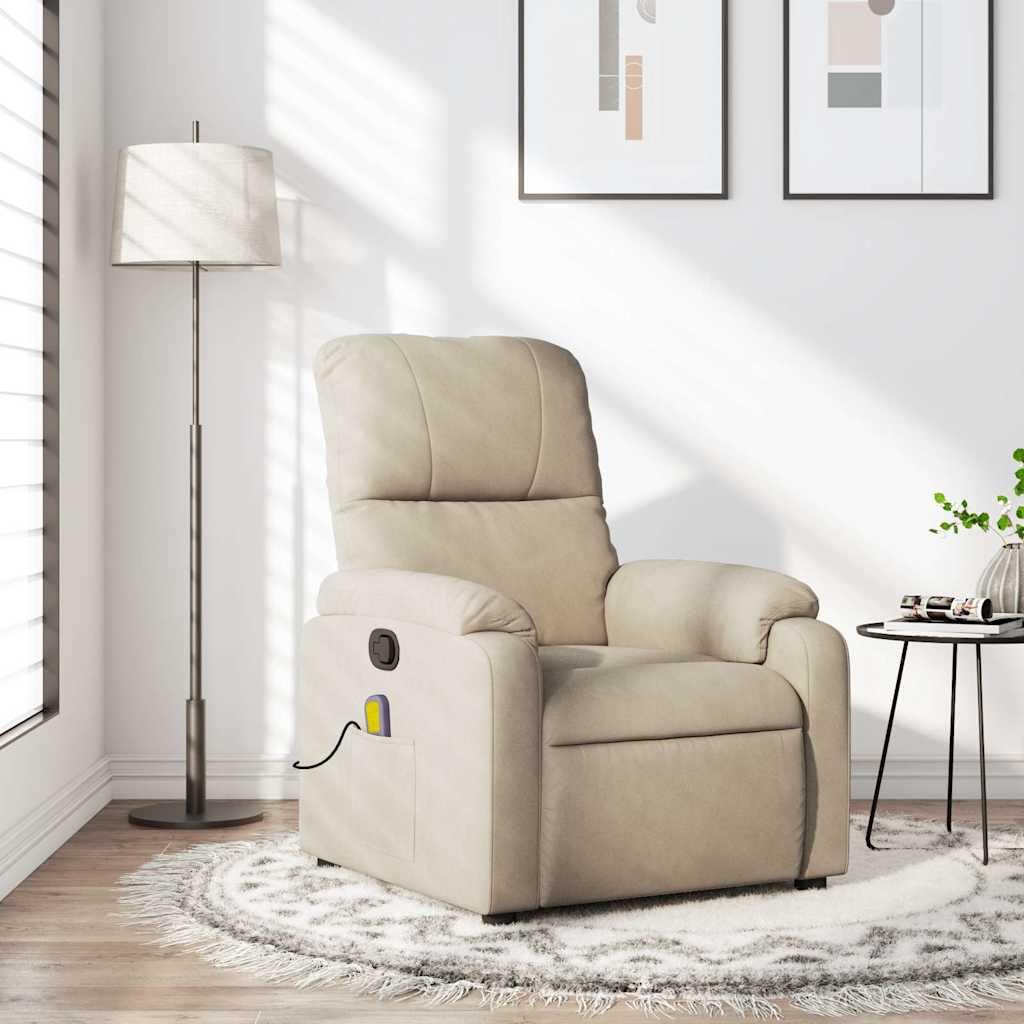 Fotel do masażu, kremowy, z mikrofibry, regulowany, z funkcją ręcznego leżenia, 6-punktowy masaż, ergonomiczny, wygodny, do salonu, kącika do czytania, biura, ze stabilną konstrukcją drewnianą