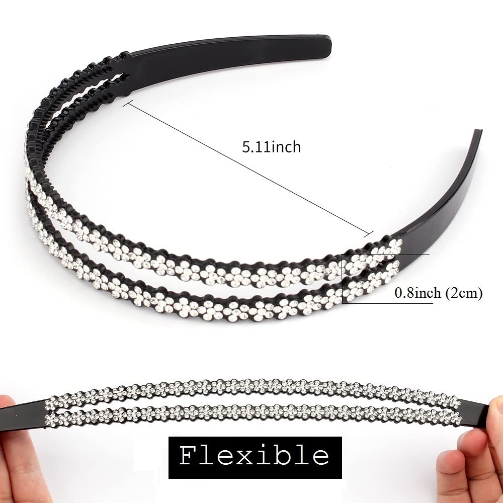 5 Pack Rhinestone Wavy Fashion Nonslip Double Rows Bling Crystal Beaded Headband with Teeth Plastic Flower Hair Hoop Hair Accessories for Women Girls Rainbow - Image 3
