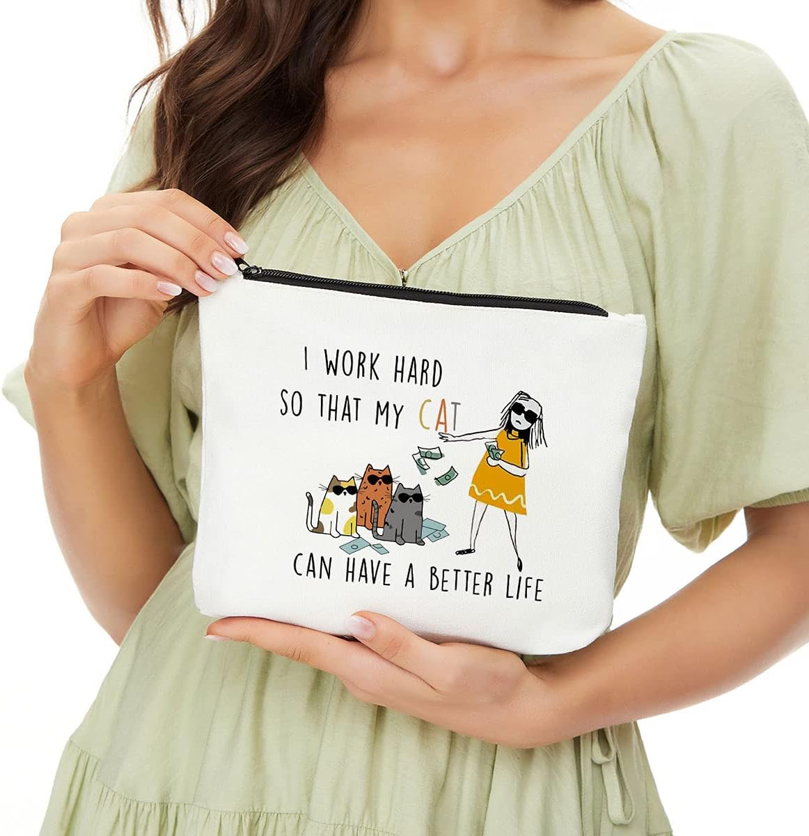 JIUWEIHU Cat Lover Gifts for Employed Women, Durable Makeup Bag Gifts for Travel, Cute Portable Cosmetic Bag for Cats Mom, Better Life Work in Dairy Live Lightweight Pouch for Powerful Women - Image 3