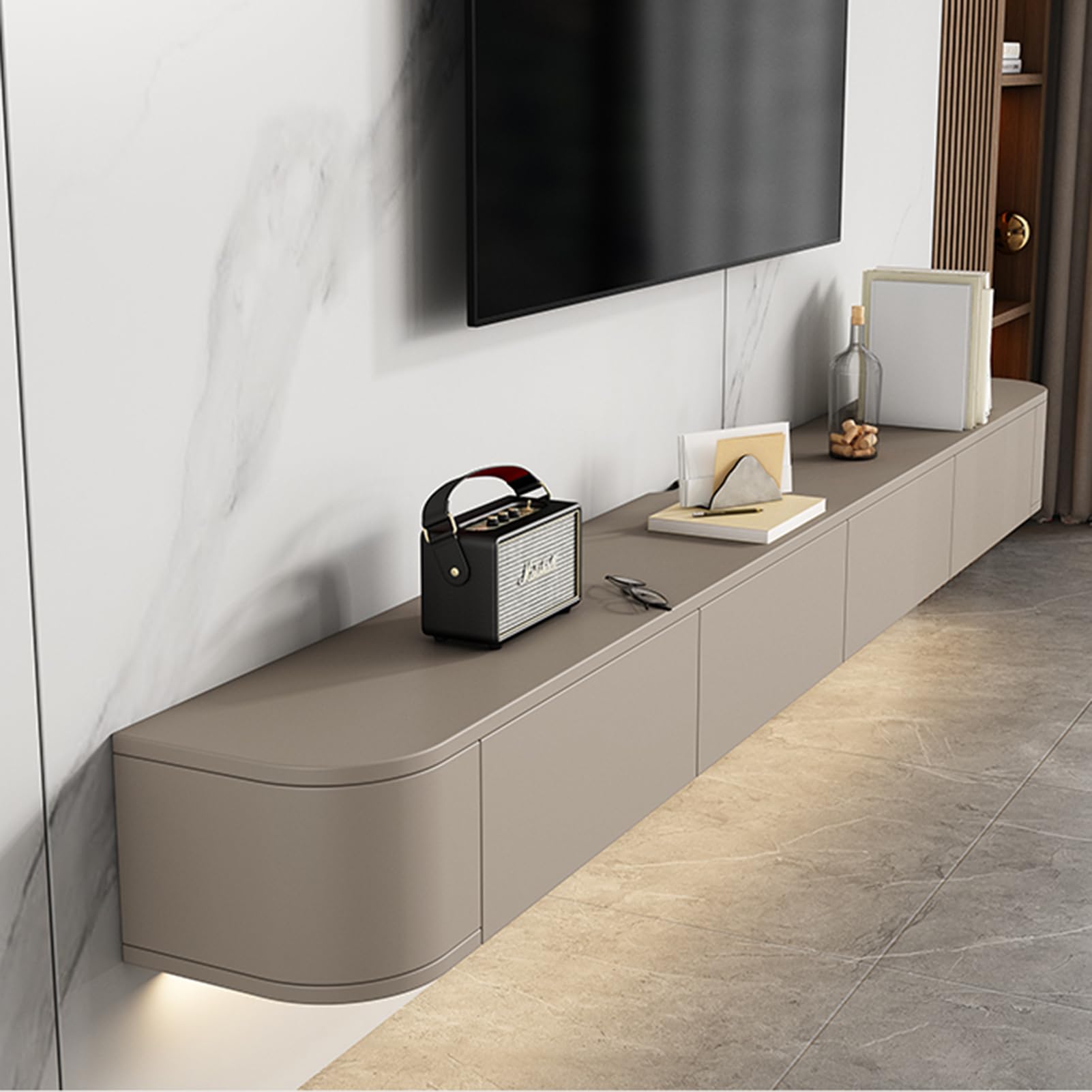 Mobile TV Galleggiante Mobile TV A Parete Mobile Portaoggetti Per La Casa Con Ante Console Multimediale Per L'intrattenimento Ad Angolo Rotondo Per Soggiorno Moderno In (Khaki, 220cm)