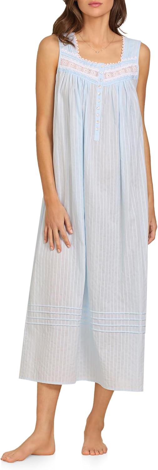 Eileen West Sleepwear & Loungewear for Women – Dobby Stripe Collection - 100% Cotton Lightweight Breathable Long Nightgown