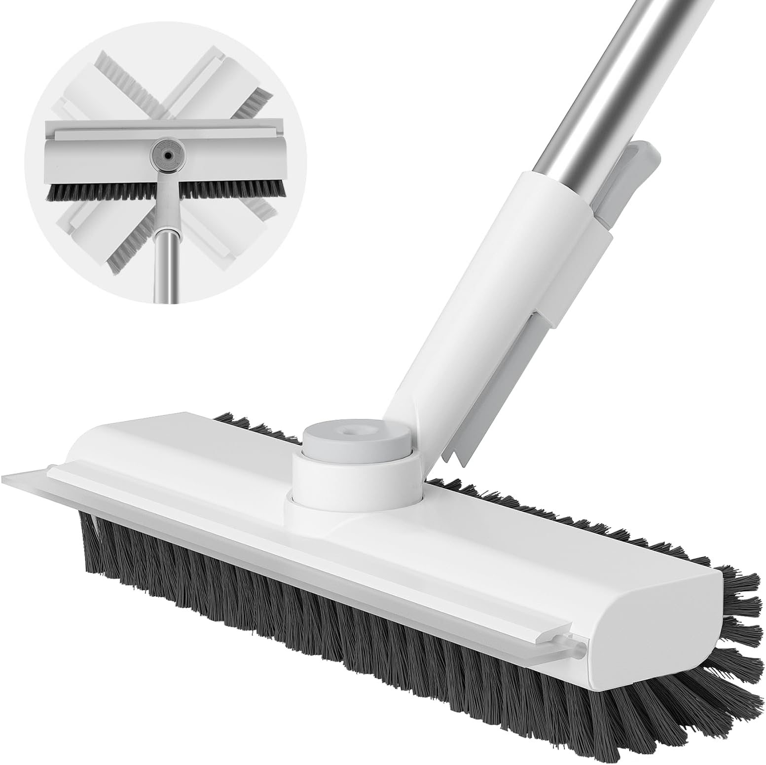 Floor Scrub Brush with Long Handle, 3 in 1 Scrape and Heavy-Duty Stiff Bristle Scrubber Brush for Cleaning Shower Bathroom, Patio, Pool, Garage, Kitchen, Wall and Deck (White, 1 Pack)