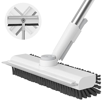 Floor Scrub Brush with Long Handle, 3 in 1 Scrape and Heavy-Duty Stiff Bristle Scrubber Brush for Cleaning Shower Bathroom, Patio, Pool, Garage, Kitchen, Wall and Deck (White, 1 Pack)