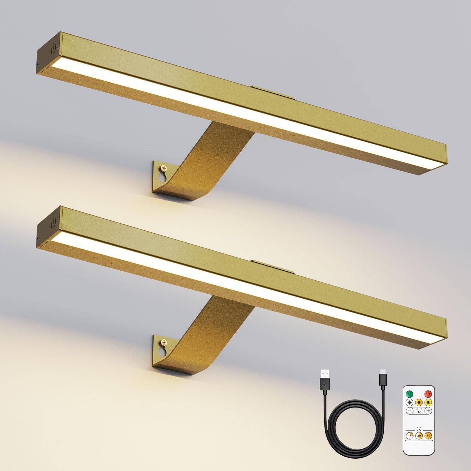 Harper Living Gold Set Of 2 Picture Lights Rechargeable 5000Mah Battery Operated Wall Lights With Remote, Cordless Picture Light Dimmable & 3 Color Temps, Display Lamp For Dartboard Frame Gallery