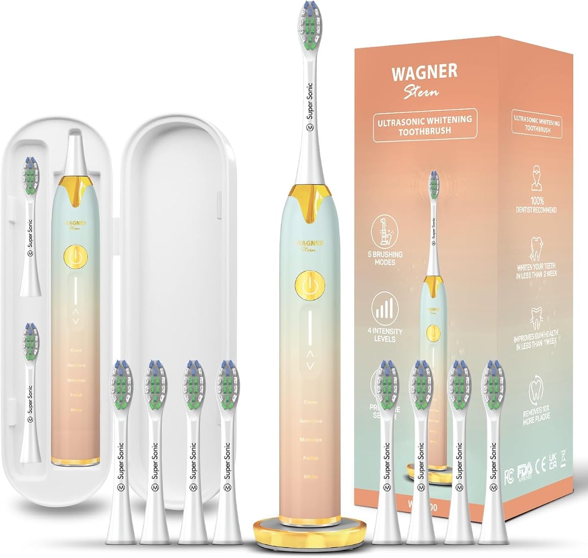 Wagner Stern Ultrasonic Toothbrush with Pressure Sensor, Peach/Blue, Battery Powered, Unisex-Adults