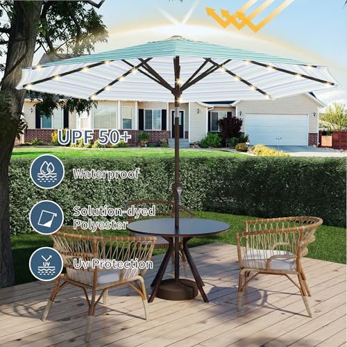 Image of 9FT Patio Umbrella with Solar Lights,Outdoor Market Umbrella with Tilt and Crank, LED Lighted Table Umbrella for Garden,Deck,Backyard,Pool,Beach (Blue Green Stripes)
