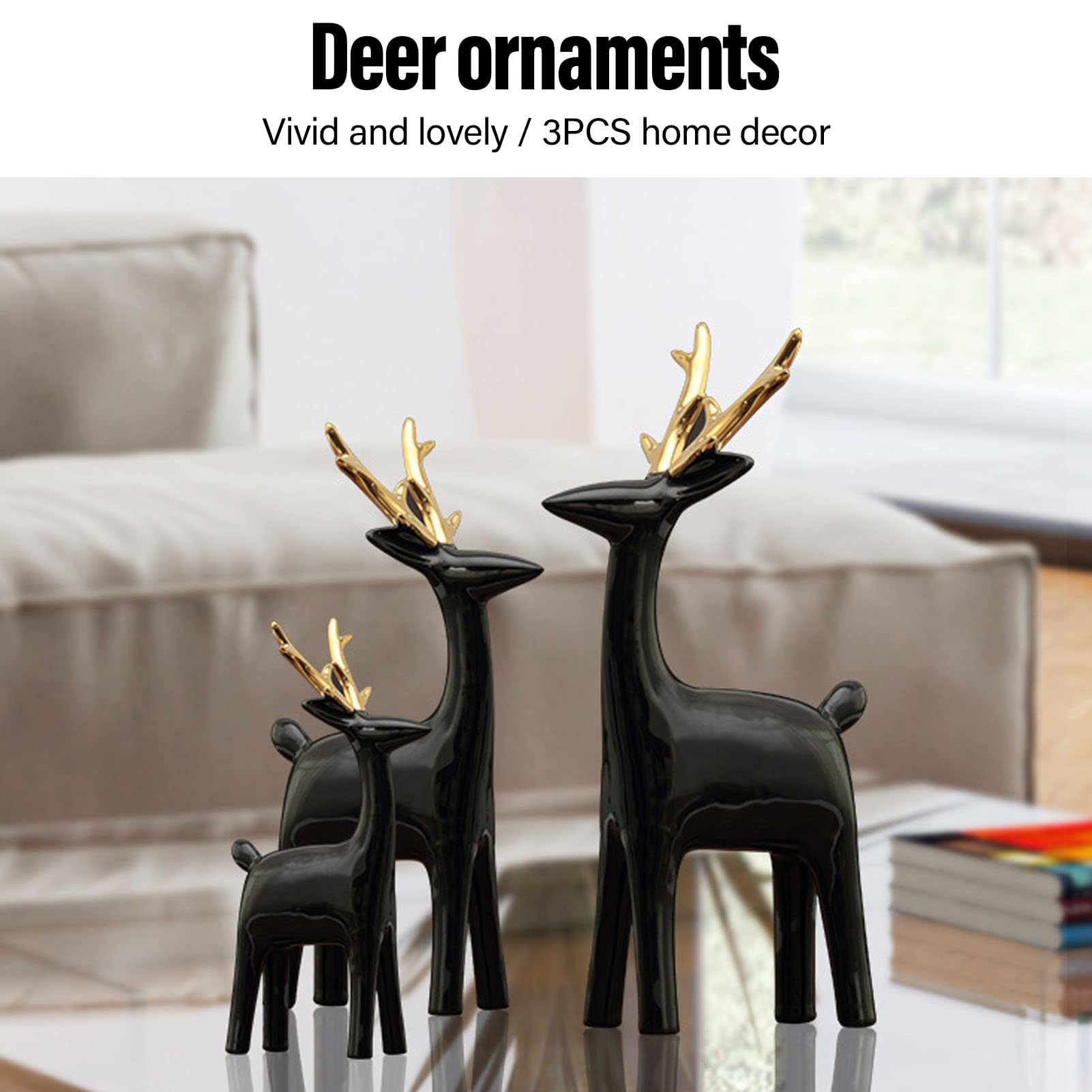 Juego de 3 figuras de reno de resina para decoración de mesa o vino (oro negro)