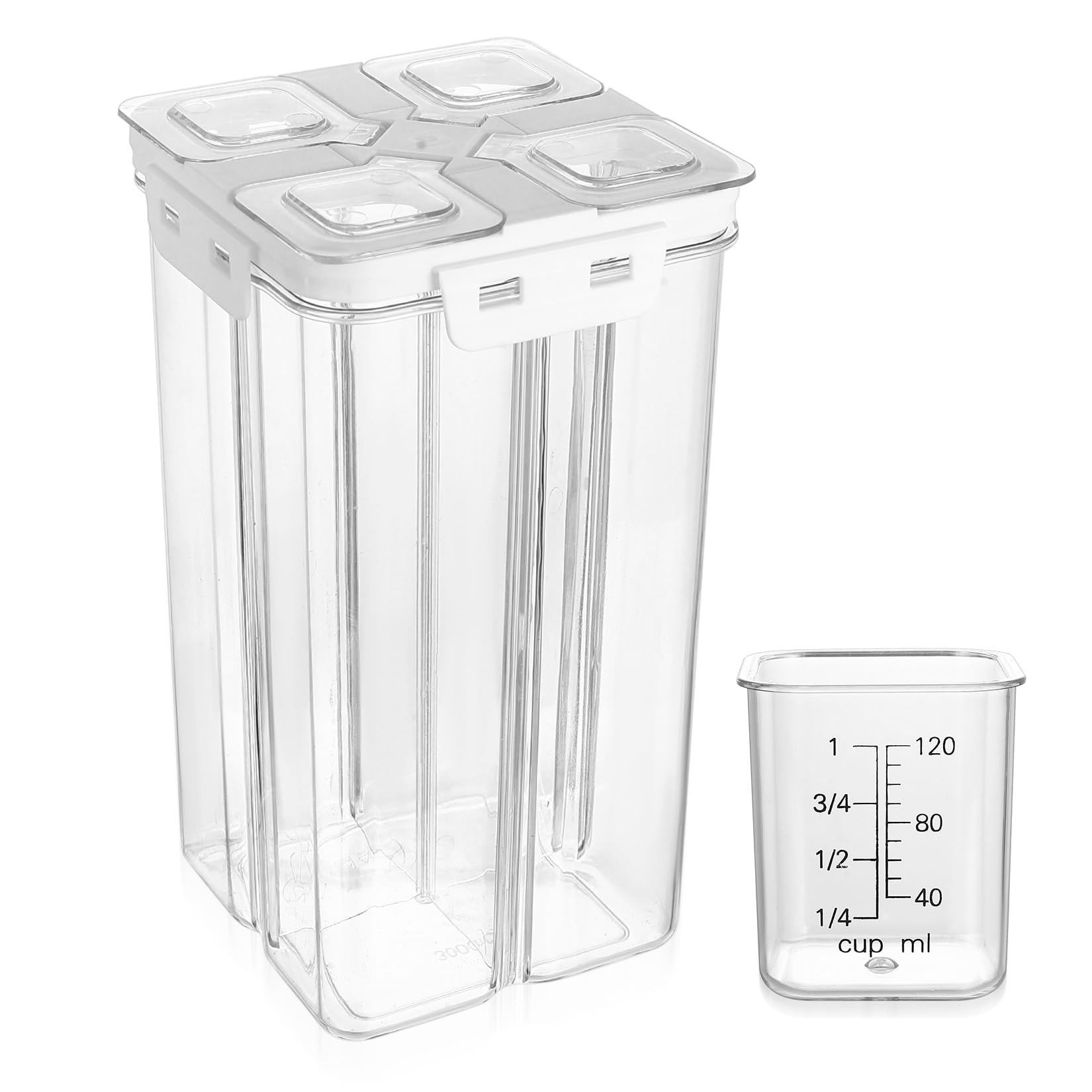 Airtight Food Storage Containers with Lids, 2400 ml Airtight Cereal Storage Containers with 4 Compartments, for Kitchen Pantry Organizers and Storages, Dry Food Sugar Flour Container + Measuring Cup