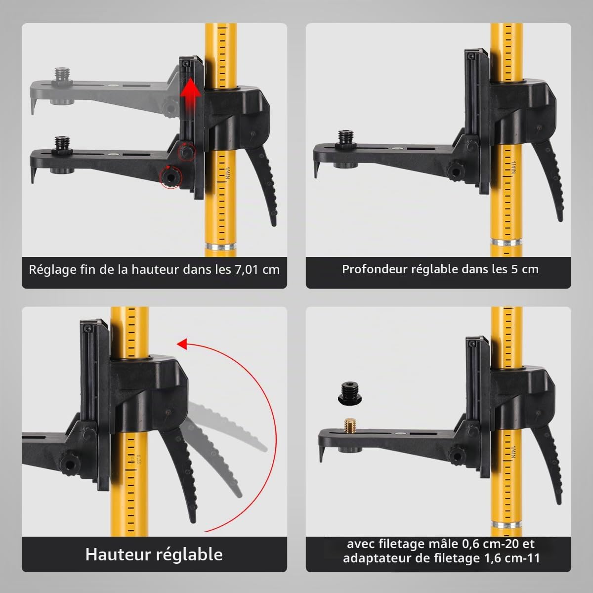 Pôle de Niveau Laser, Perche Télescopique de 4,8M avec Trépied, Support de Niveau Laser pour Lasers Rotatifs et Lasers Linéaires, Filetage de 1/4"-20 et Adaptateur 5/8"-11 Inclus