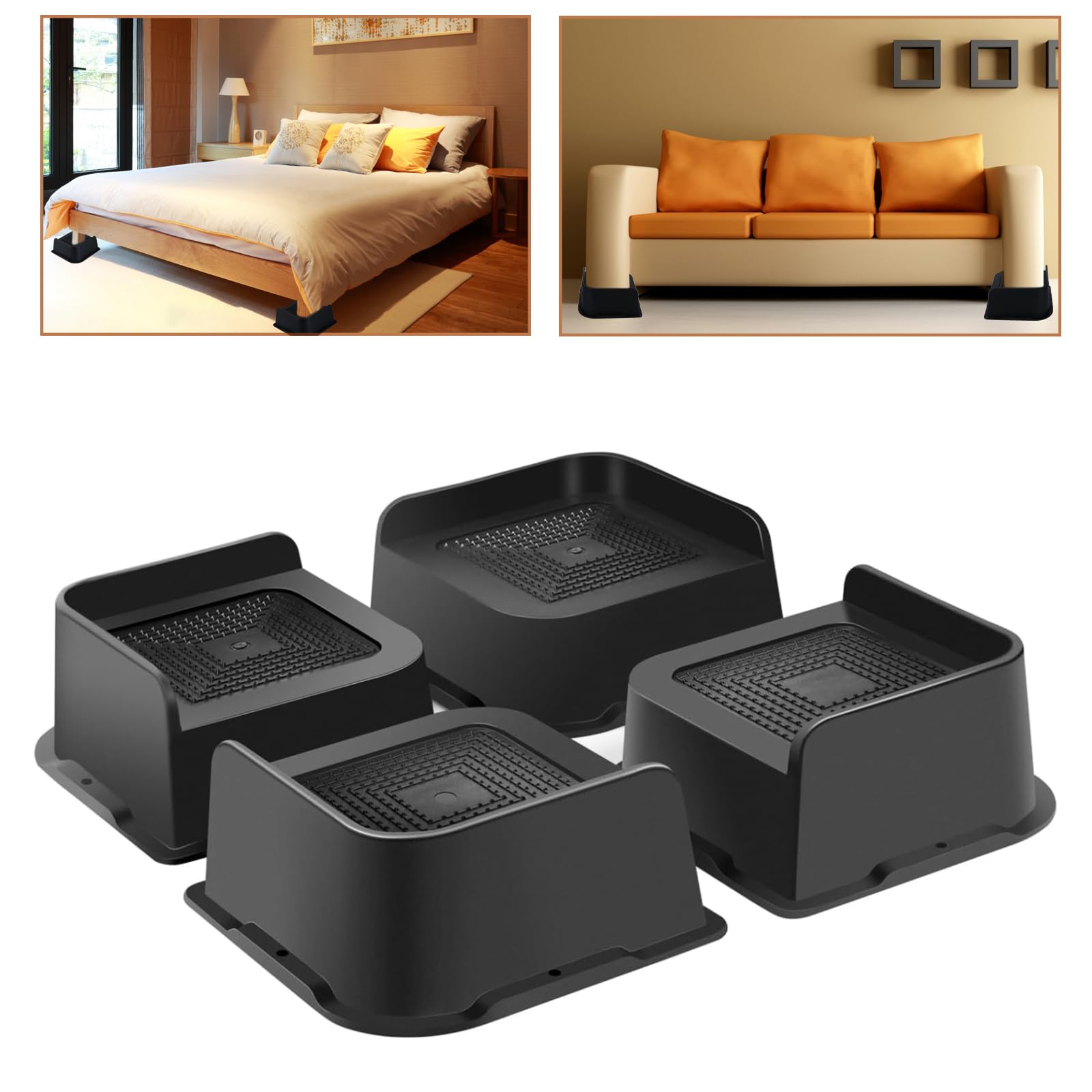 Tocawe Bed Risers 2,3,4,6 and 8 inch Heavy Duty 4 Pack, L Shape Funiture Risers 2 inch Support 5000LBs, Oversized Lifts Risers for Dorm Beds Frame, Sofa, Desk, Couch, Chairs Legs,Black