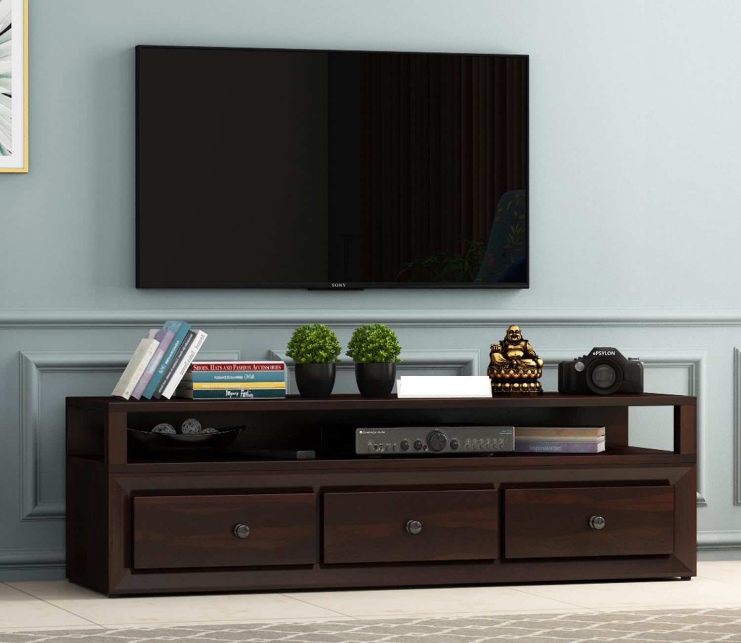 sheesham Wood Wooden tv Unit for Living Room 55 inch TV Furniture - Entertainment Unit - Solid Wood tv Table for Living Room 55 inch TV Console with 3 Drawers (Design 5)-image-42