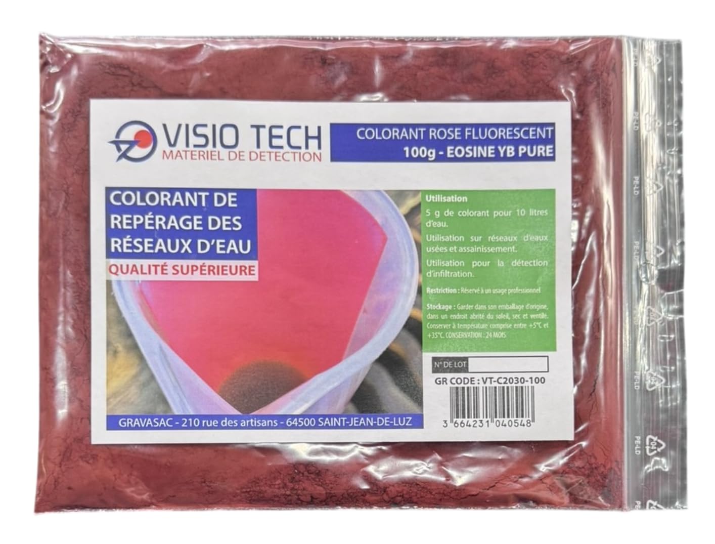 Colorante de detección rosa fluorescente 100 g, polvo soluble en agua