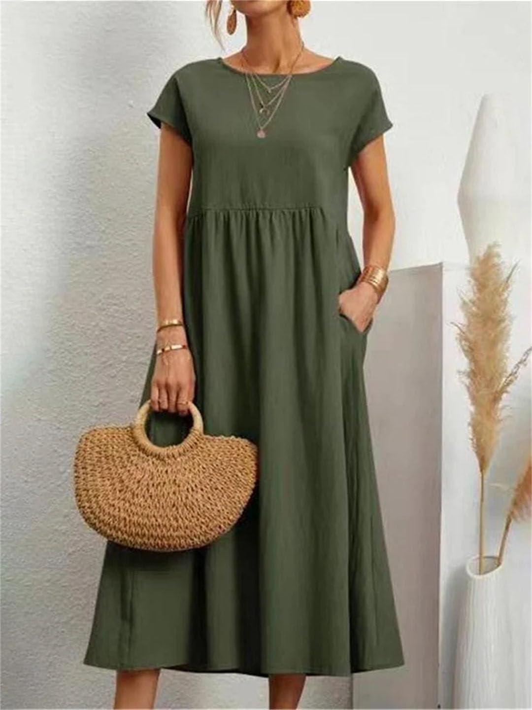 Elegancka sukienka damska, krótki rękaw, okrągły dekolt, vintage, Harajuku, bawełna, len, luźne kieszenie, długa sukienka