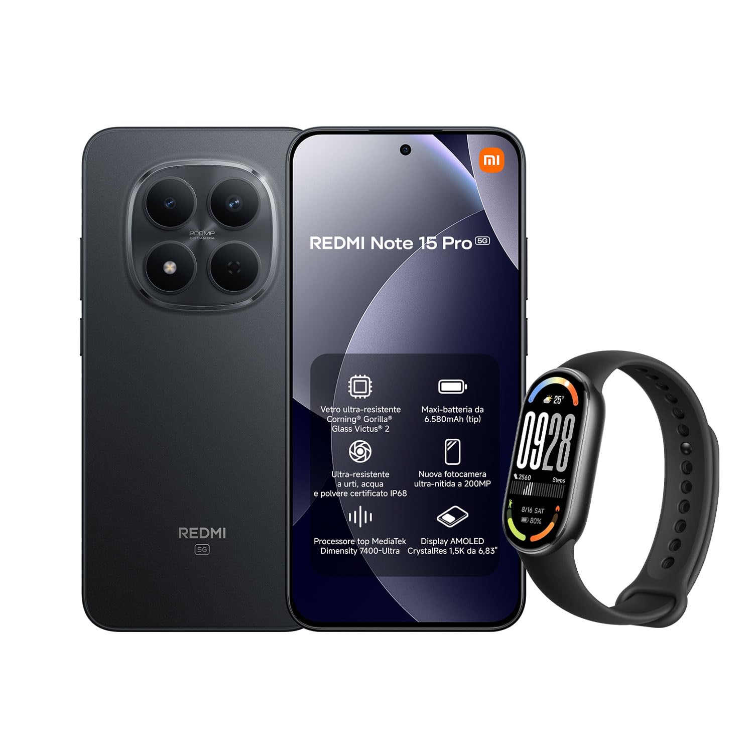 Xiaomi Redmi Note 15 Pro 5G, 12+512GB, Batteria massiccia da 6580 mAh, IP66/IP68, Nuova fotocamera 200 MP, Display AMOLED da 6,83", Nero, Garanzia 2 anni, Caricatore non incluso + Smart Band 10