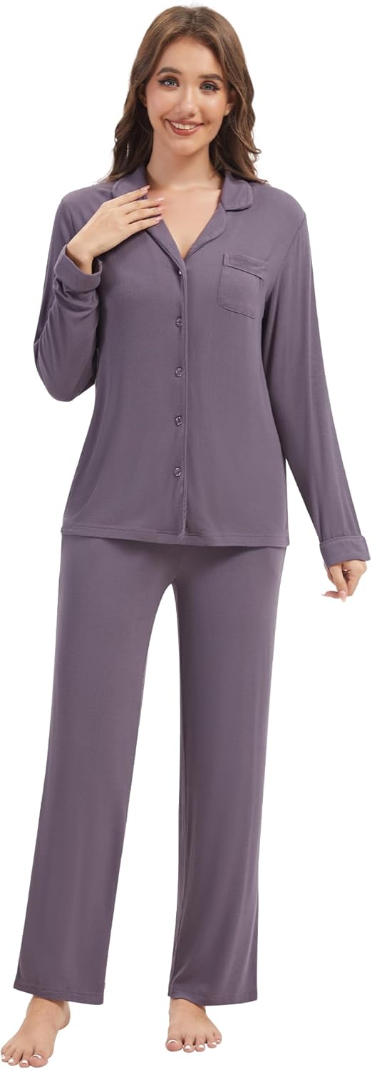WiWi Womens Pajama Set Soft Ribbed Lounge Sets Long Seeve Sleepwear Button Down Pants Warm Nightwear PJs S-XXL - Image 2