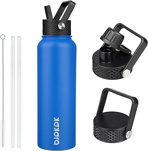 Miniatura 35 de BJPKPK Botellas de agua aisladas con tapa con pajilla, termo frío y caliente de 22 onzas, botella de agua de metal de acero inoxidable con 3 tapas,