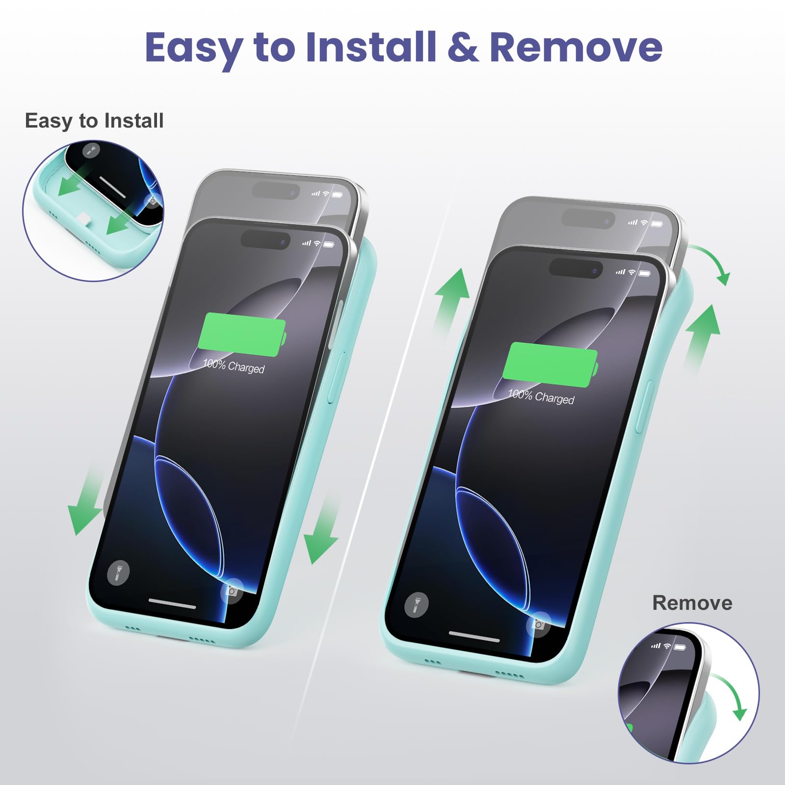 Feob Akku Hülle für iPhone 16 Pro, 7500 mAh Wiederaufladbar Batterie Ladehülle Akku mit Schutzfolie, Tragbares Batterieladegerät Hülle Leistungsstarke Power Bank für iPhone 16 Pro (6,3") (Grün)