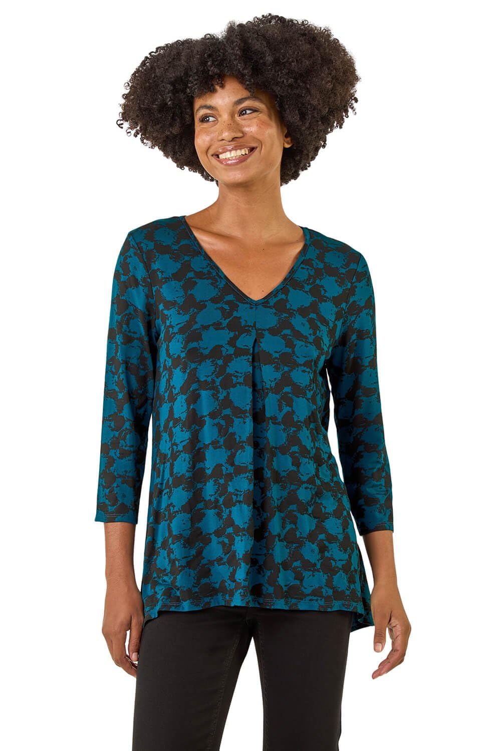 Roman Originals Women's Blue Noir Leaf V Neck Stretch Jersey Top For Uk Pleated Shirt Notch V Neck Blouse Summer Tunic Pull-On Soft Evening Holiday Work Party Everyday - Size 10