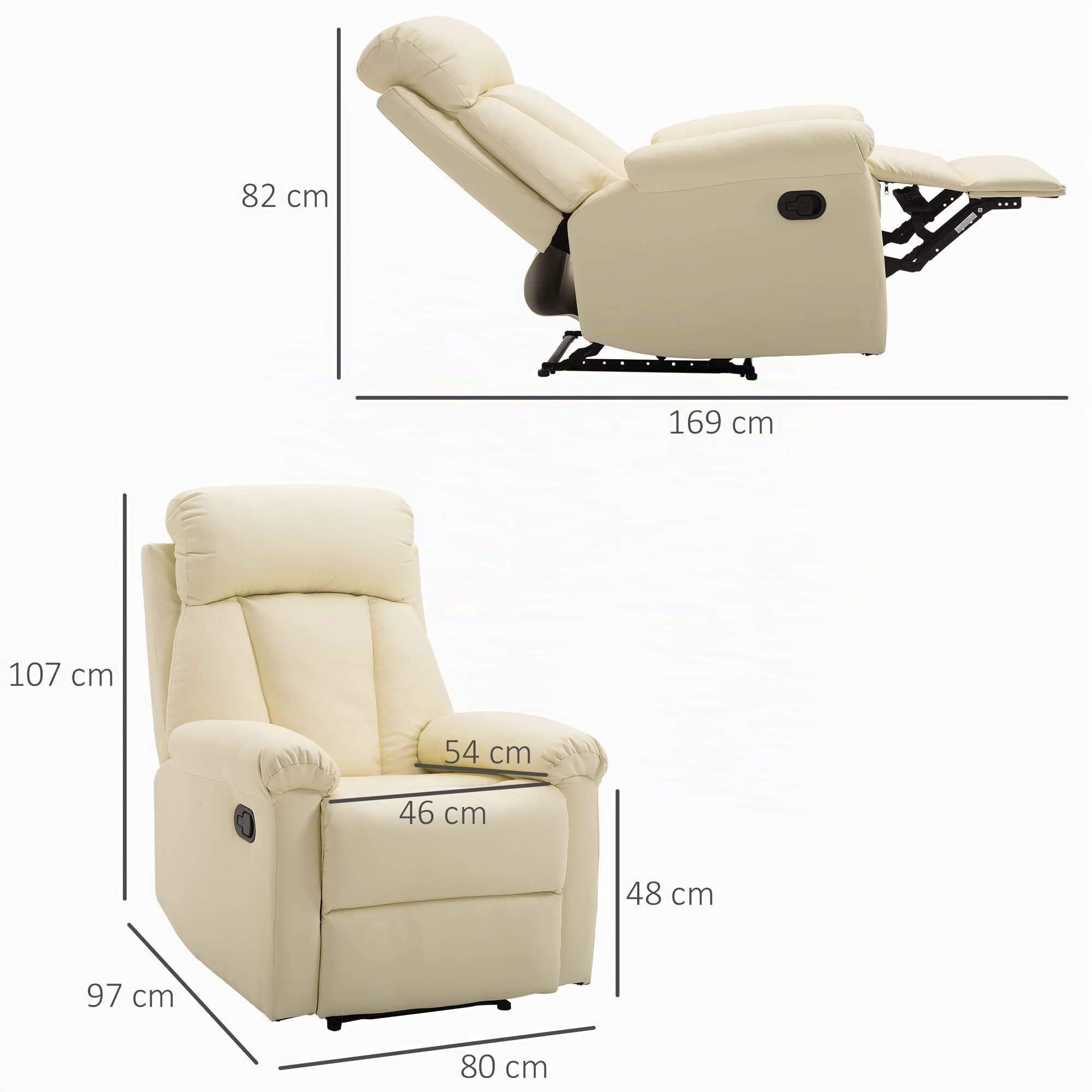 HOMCOM Sillón Relax Reclinable 150° con Respaldo Alto 80x97x107 cm Blanco | Butaca de Salón， Tapizado en PU, Reposapiés Retráctil, Resposabrazos, para Dormitorio