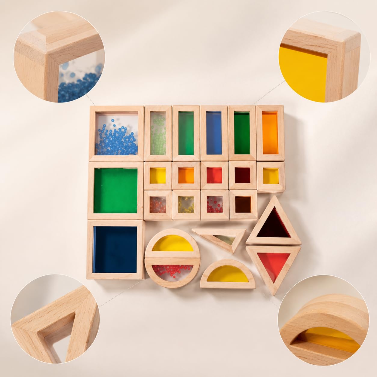 Kinder Bausteine Holzbausteine Acrylblöcke Konstruktionsspielzeug Steckbausteine aus Buchenholz mit Transparenten Fenstern für Hand-Auge-koordination, 23-teilige Acryl-Sensorik-Bausteine