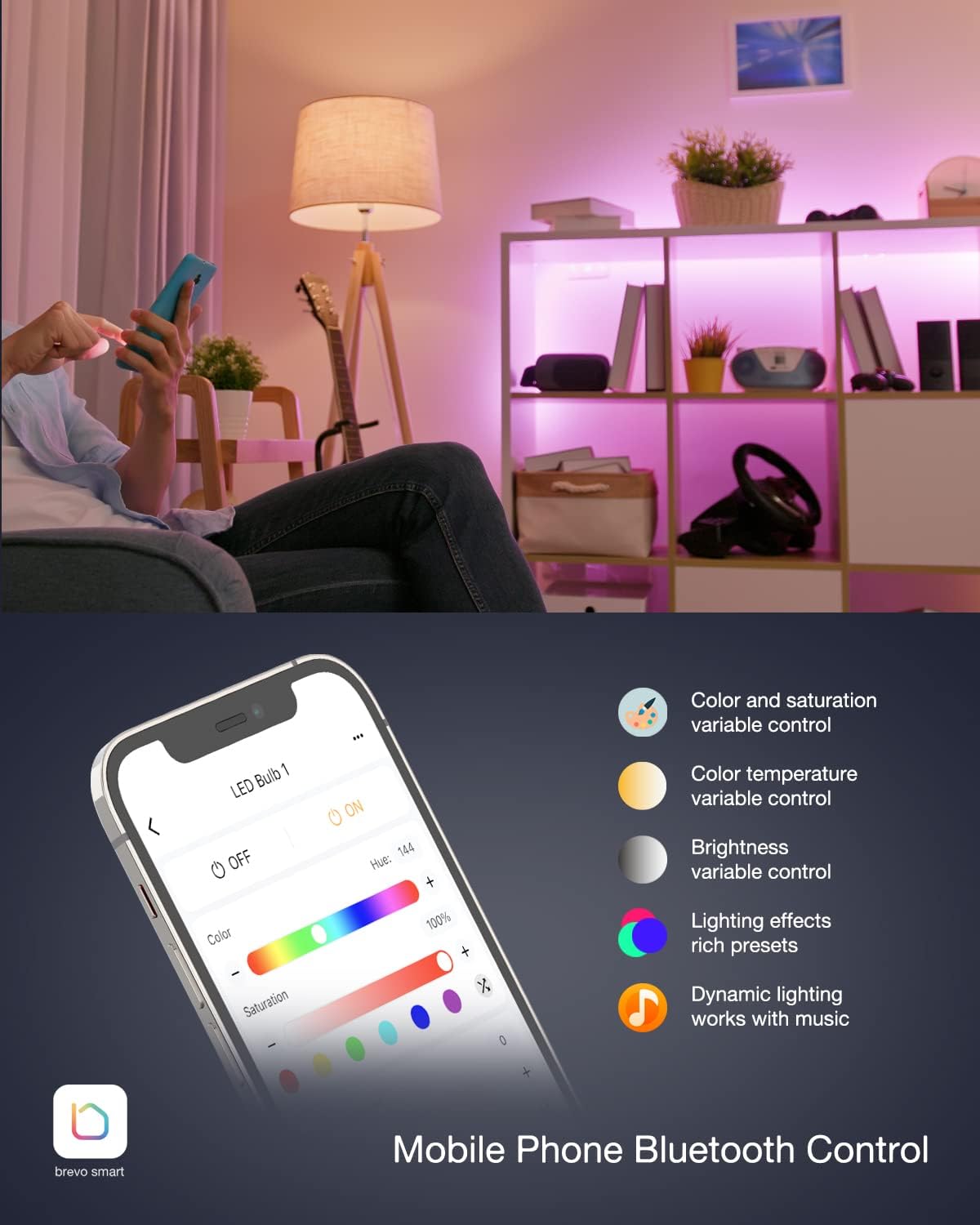 RGBWW Bluetooth Mesh Smart LED Light Bulbs, 7.5W 730 Lumens 60W Equivalent, 16 Million Colors, 2700k to 6500k Tunable White, App-Enabled, A19 E26, 2 Pack