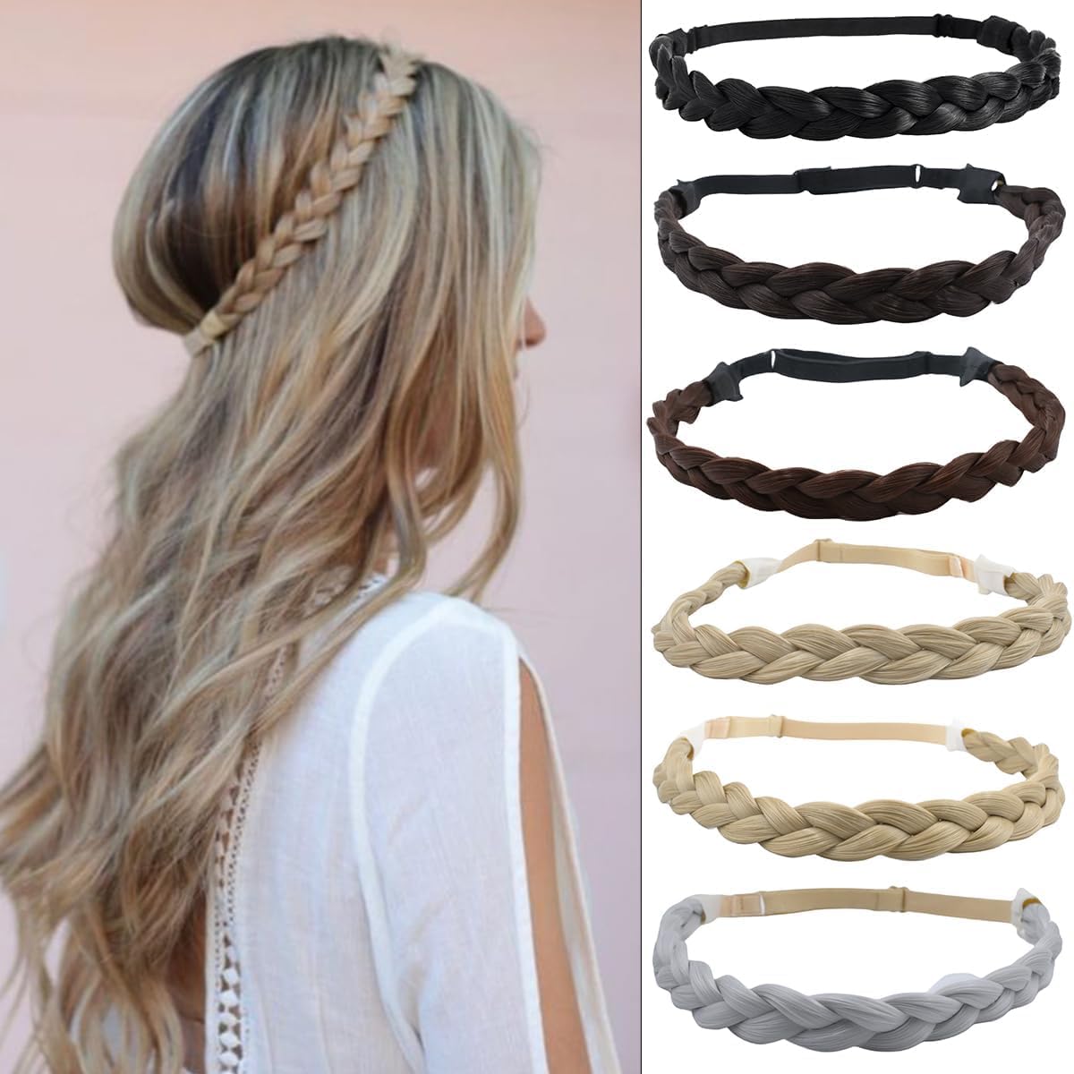 Rose bud Braided Headbands for Women Medium Brown Synthetic Hair Plaited Braids Elastic Stretch Hairpiece Hair Band Beauty Accessory