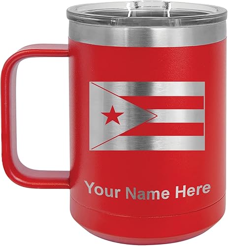 Miniatura 1 de LaserGram Taza de café aislada al vacío de 15 onzas, bandera de Puerto Rico, grabado personalizado incluido (rojo)