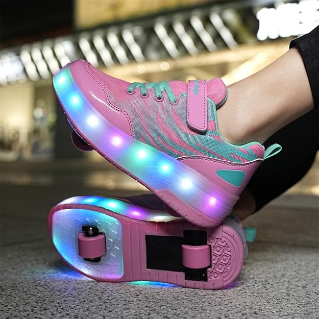Uniseks kinderschoenen met ledverlichting, wielen met dubbele wielen, drukknop, instelbare skates, USB-oplaadbaar, outdoor sport, gymnastiek, hardlopen sneakers, 35 EU