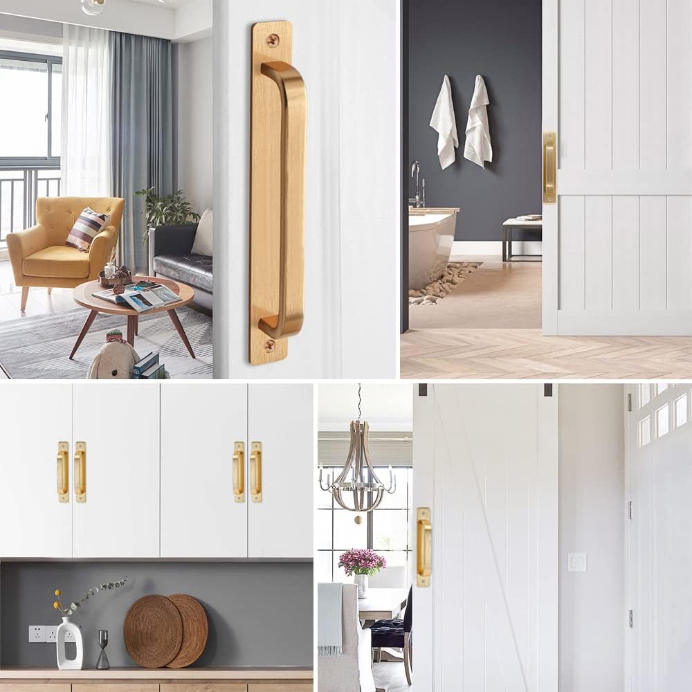 Golden Solid Metal Door Handle Pulls with Plates and Screws, 147mm/5.79in Punch-Free Aluminium Alloy Sliding Barn Gate Pulls, Pulls for Cabinet, Closet, Wardrobe, Drawer (4Pcs)