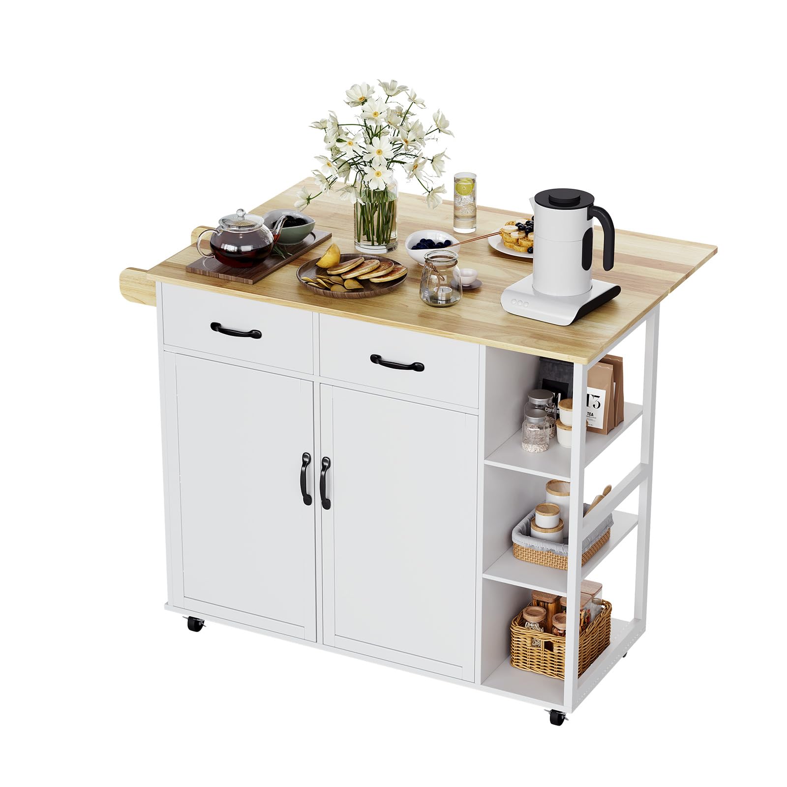 Klysiora 43.12-Inch Wide Wood Countertop Kitchen Island Table with 2-Door Cabinet 2 Storage Drawers Spice Rack, Towel Rack, Bar Cart Rolling Cart with