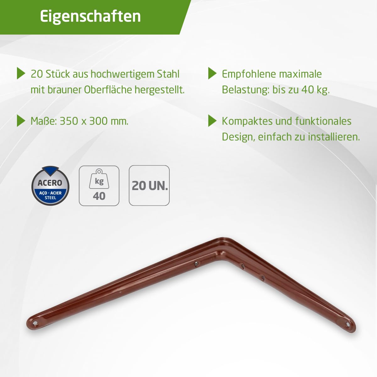Amig - Set Wandregalhalterungen - 20 Stück - Stahlwinkel - 350x300 mm - Braun - Belastbar bis 35 kg - Winkel für Regalböden - Regalträger - Einfache Montage