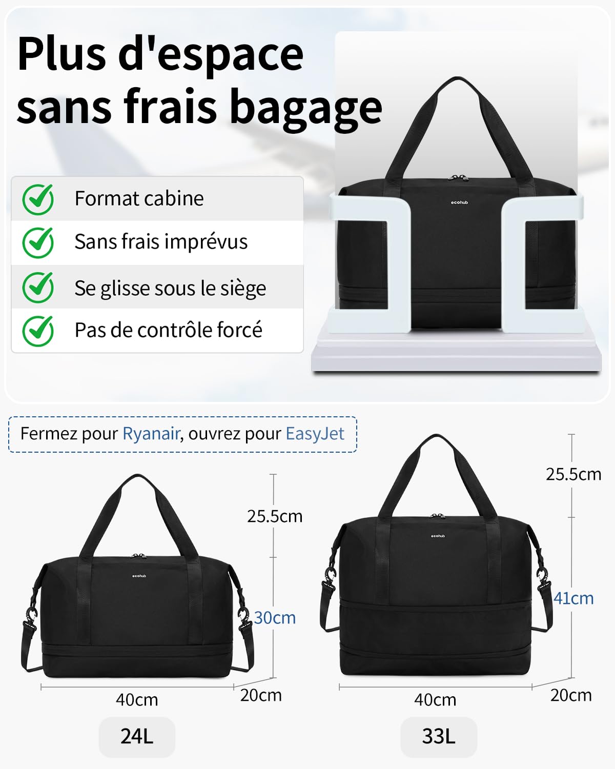 ECOHUB Extensible Sac de Voyage Femme, Bagage Cabine 40x30x20, Ryanair Sacs Cabine Avion avec Pochette Humide Amovible, Sac Weekend Maternité, Pet Recyclé Petit Bagage à Main, Noir, 20L-28L